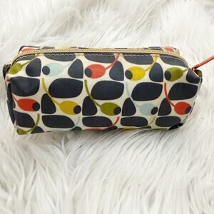 ORLA KIELY | Navy Blue Green Orange Cosmetic Bag Pencil Pouch Leaf Print Oilcoth